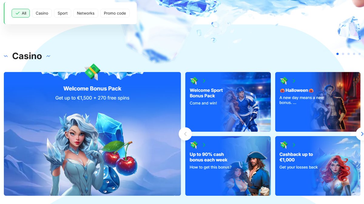Black Friday casino bonus Canada: Ice Casino bonuses page with a welcome pack up to €1,500 plus 270 free spins, a Halloween promotion and weekly cashback offers