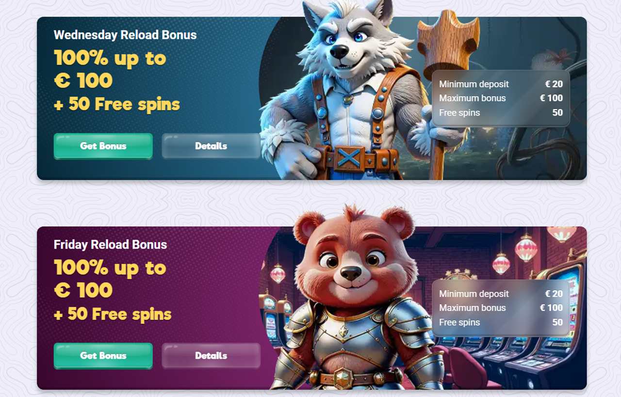 Safecasino Wednesday and Friday reload bonuses, each 100% up to €100 plus 50 free spins with a €20 minimum deposit