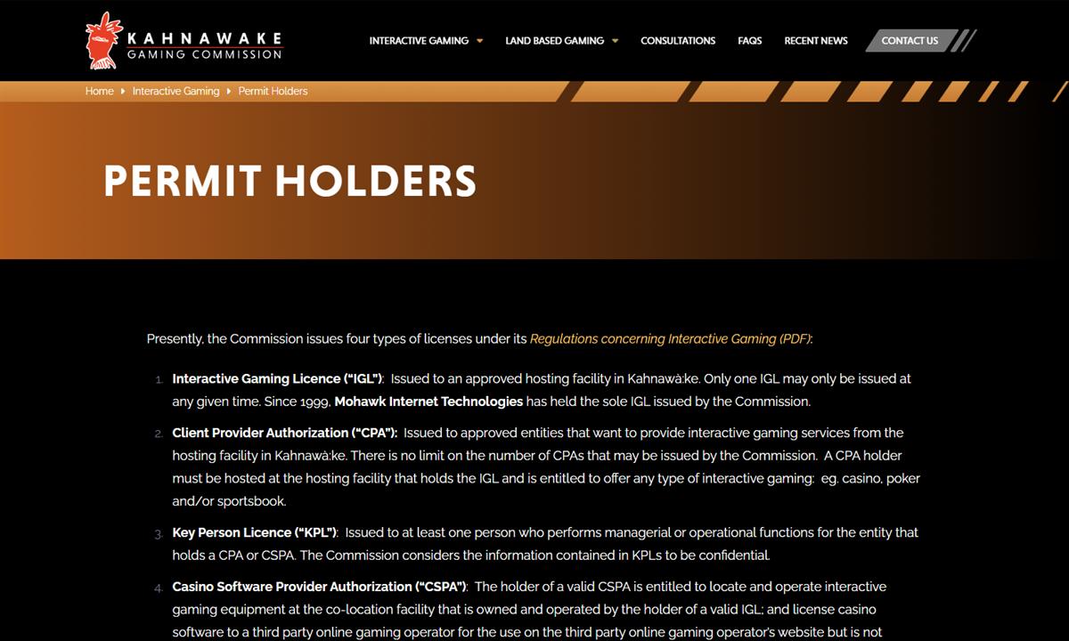 Kahnawake Gaming Commission permit holders page, a register for checking blacklisted casinos Canada players worry about