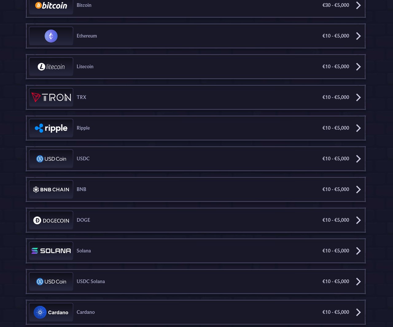 BNB casino Canada: LolaJack crypto deposit list with a BNB Chain row and limits