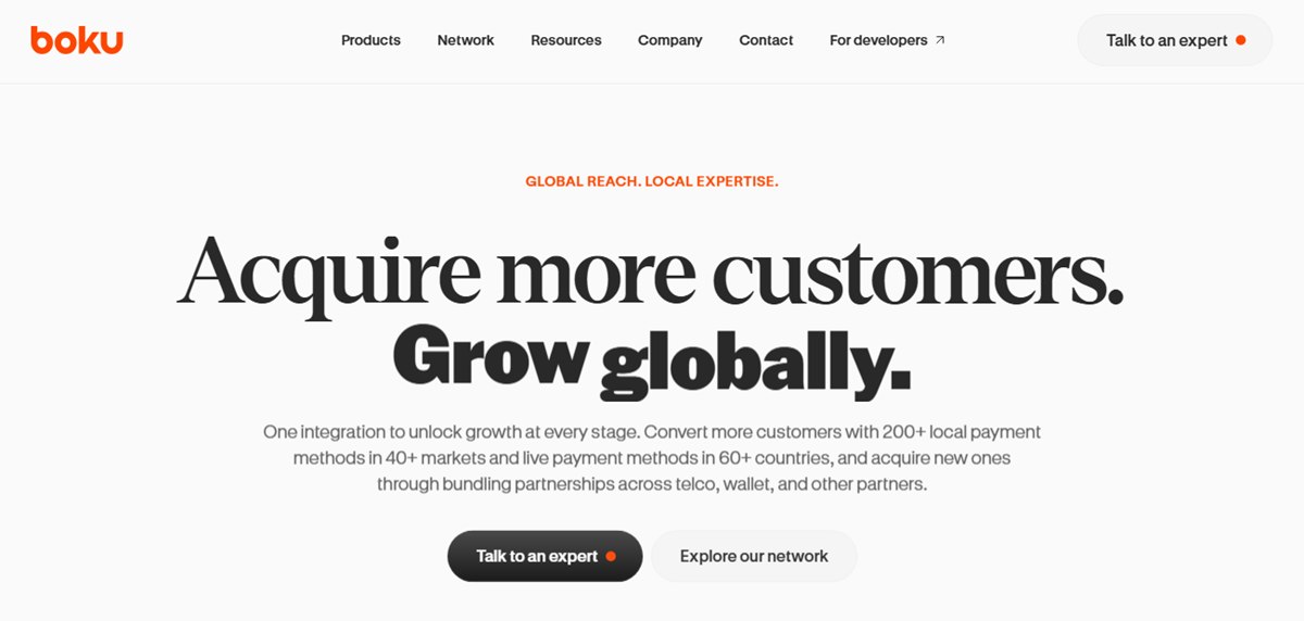Boku homepage with its logo and its claim of 200+ local payment methods, the company behind every Boku casino Canada listing