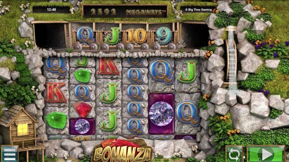 Bonanza Megaways base game with mine carts, gem symbols and the quarry backdrop, the classic Bonanza Megaways slot Canada players know