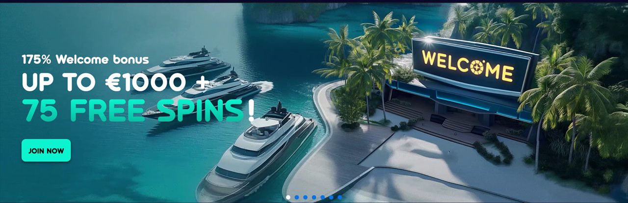 Book of Dead free spins Canada: Spinsino casino homepage hero banner with a welcome offer and a sea-view resort illustration