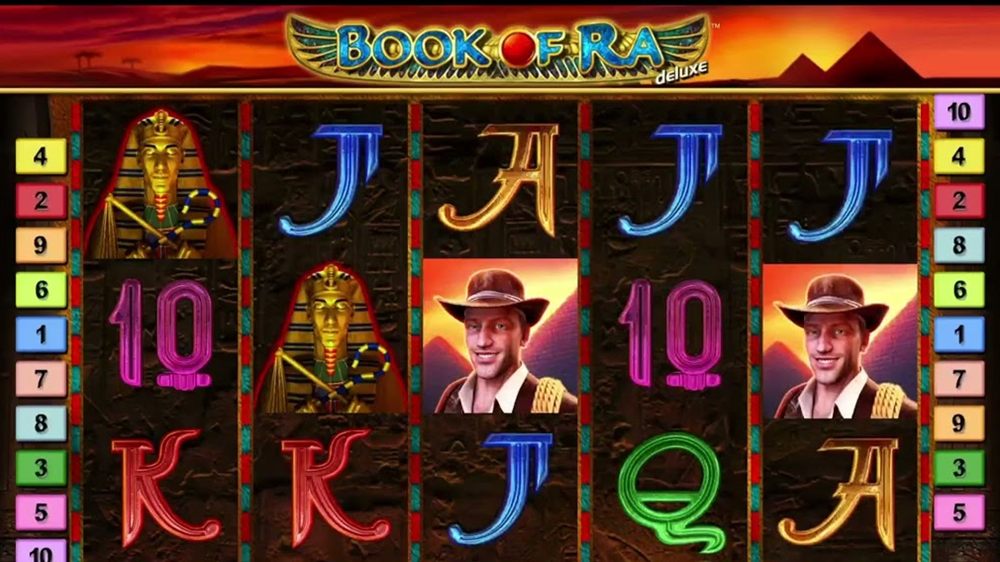 Book of Ra Deluxe reels with the explorer, golden pharaohs and card symbols, the classic Book of Ra slot Canada players know