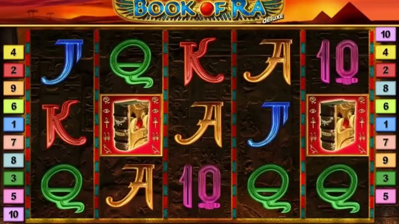 Two Book of Ra symbols on the Deluxe reels, one short of the three that trigger the free games