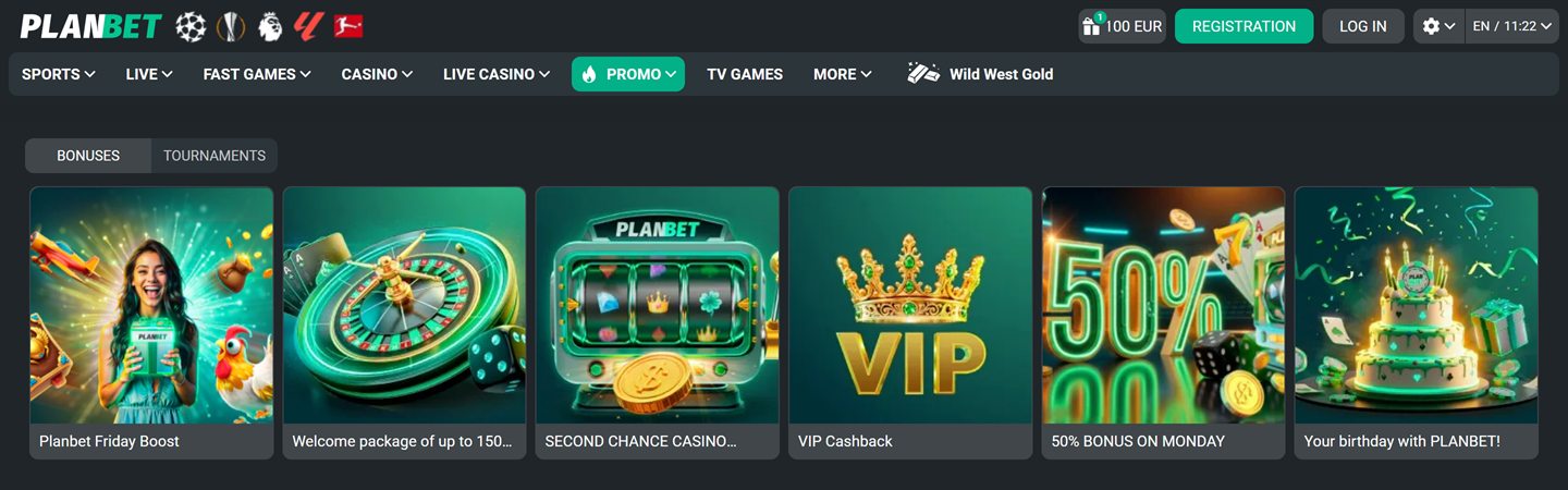 Boxing Day casino bonus Canada: PlanBet bonuses page with Friday boost, welcome package, VIP cashback and Monday bonus tiles