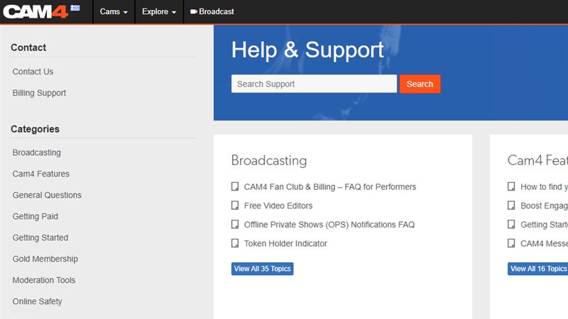 CAM4 Help and Support centre with Gold Membership, Tokens and Online Safety topics, for this CAM4 review Canada