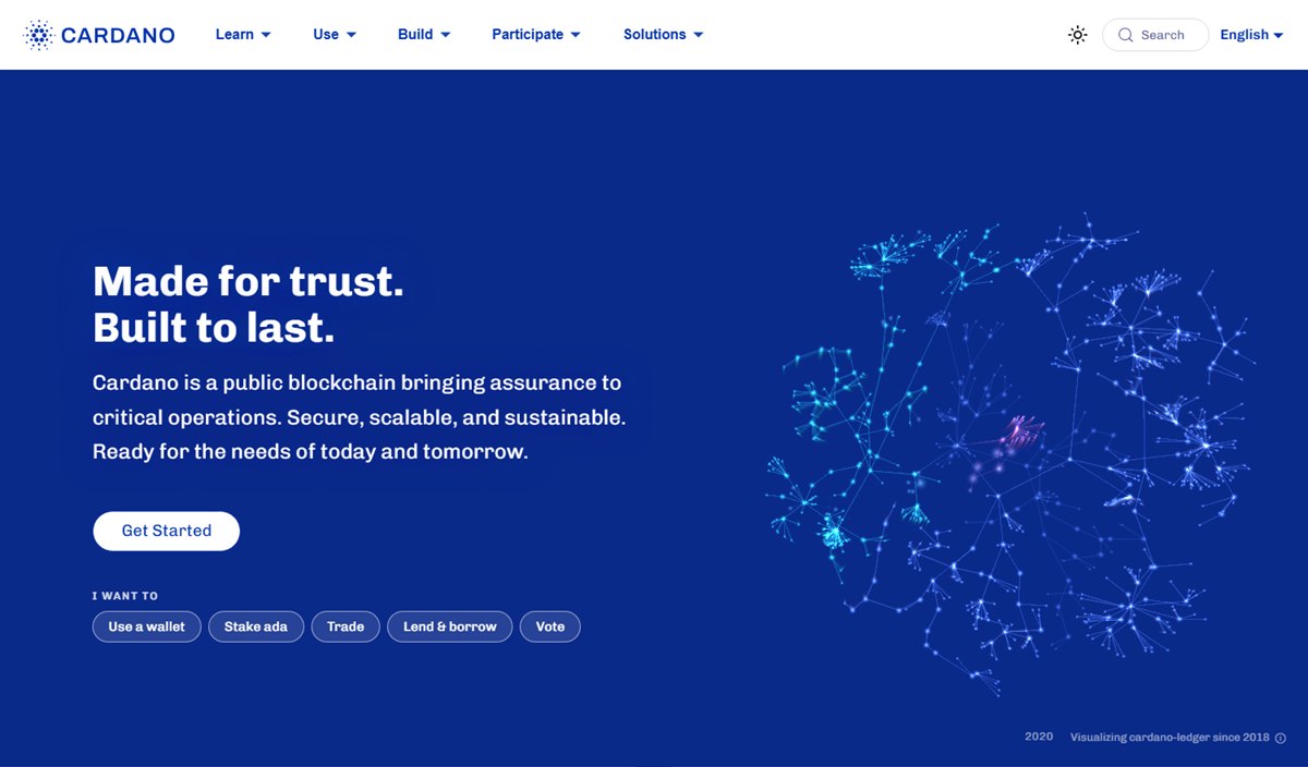 cardano.org homepage calling Cardano a public blockchain, the coin behind every Cardano casino Canada cashier listing