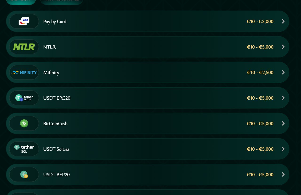 Cashed deposit method list with card and USDT rows, for comparing a CASHlib casino Canada