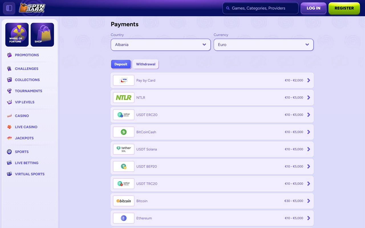 Spinbara payments page beside a CashtoCode casino Canada choice, listing card, NTLR and crypto deposit options with euro limits