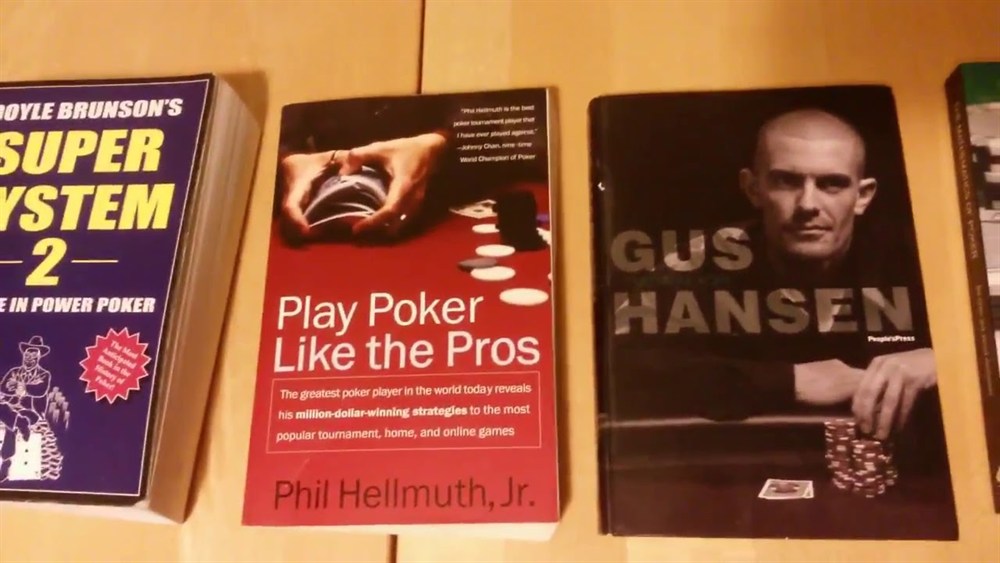 Super System 2, Play Poker Like the Pros and a Gus Hansen poker book beside casino chips, classics among casino books Canada readers rate
