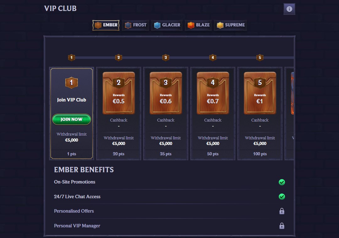 LolaJack VIP Club with Ember, Frost, Glacier, Blaze and Supreme tiers and level rewards