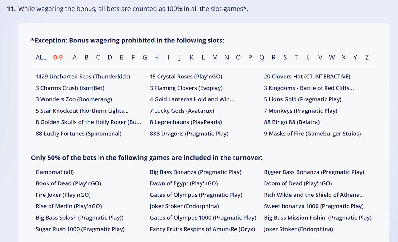 Christmas casino bonus Canada: Casino bonus terms listing slots excluded from wagering and games that count only half toward turnover