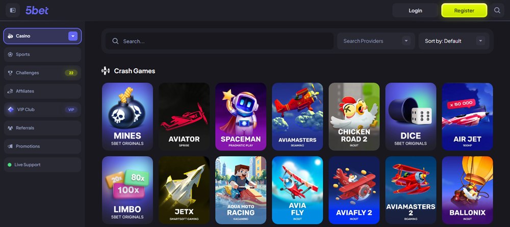 Crash games Canada: 5bet crash lobby with Aviator, JetX, Spaceman and Mines