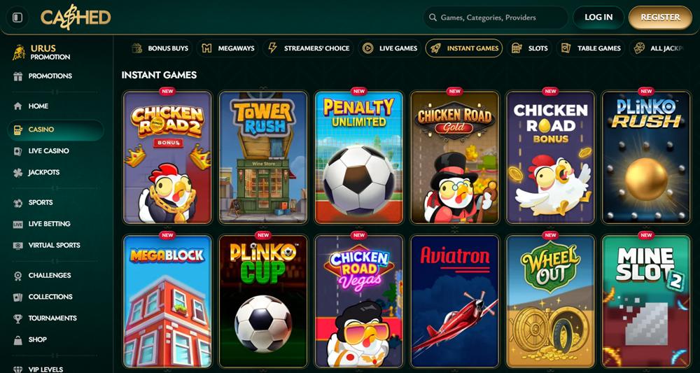 Cashed instant games lobby with Plinko, Mines and Aviatron