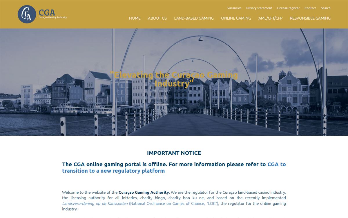 CuraÃ§ao Gaming Authority homepage with its notice that the online gaming portal is offline, the regulator behind Curacao licensed casinos Canada players use