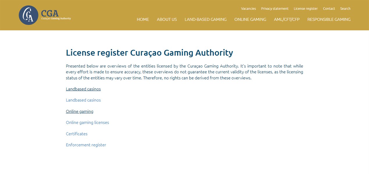 CGA licence register page linking the online gaming licence and enforcement registers