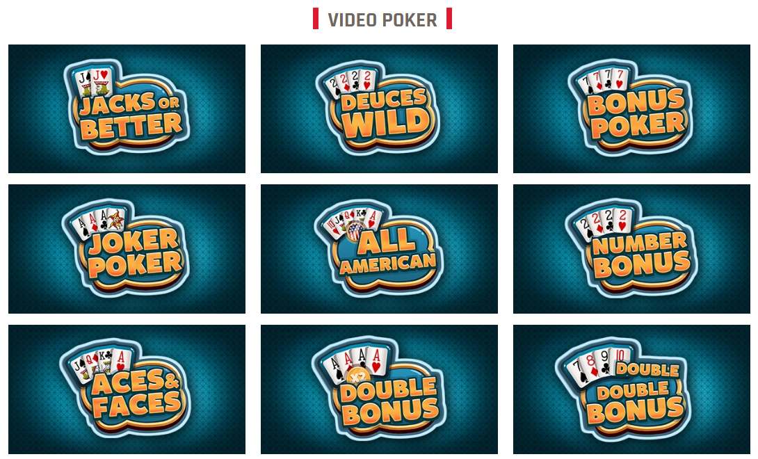 Red Rake Gaming video poker lobby with Deuces Wild, Jacks or Better and Joker Poker