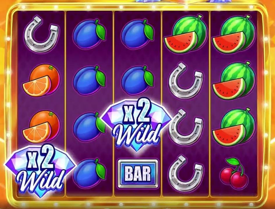 Diamond Blitz 3 reels with two x2 multiplier wilds among fruit and horseshoe symbols