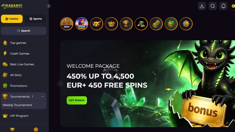 The Drakaris Casino lobby with its welcome package banner