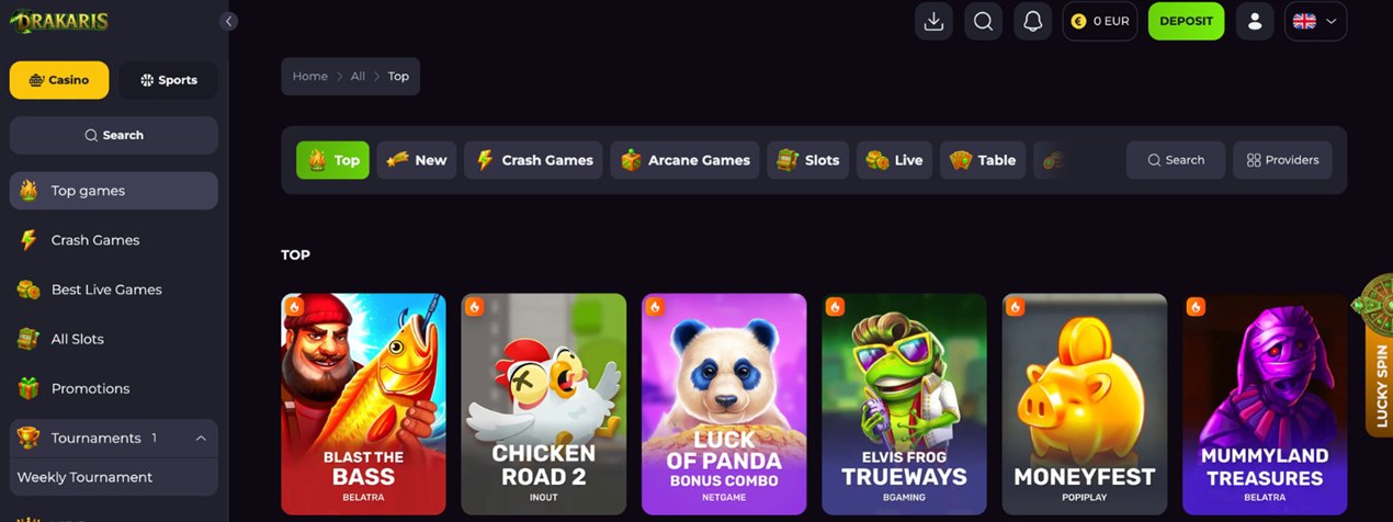 Top Games row in the Drakaris Casino lobby