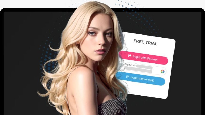 DreamGF free trial login screen beside a blonde AI girlfriend, for this DreamGF AI review Canada