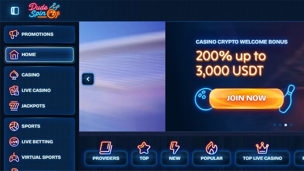 Dudespin Casino lobby with the welcome bonus banner and game menu