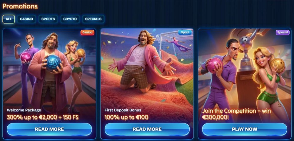 Dudespin Casino promotions page with the welcome package and sports bonus