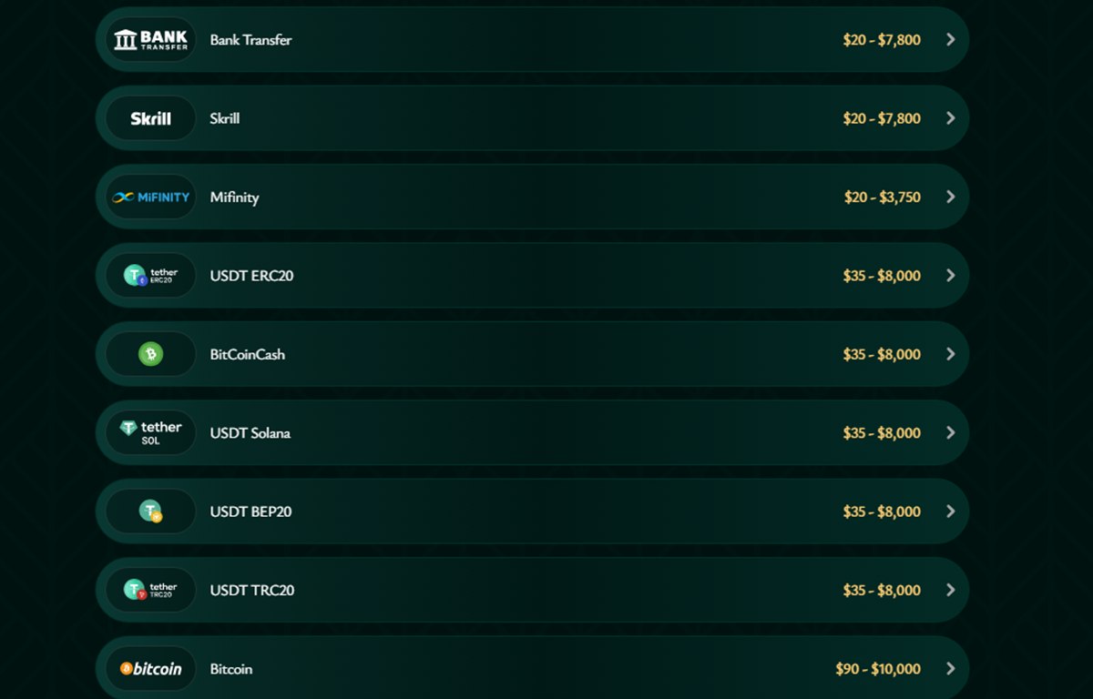 Cashed withdrawal methods for Canada with Skrill from C$20 to C$7,800 and MiFinity from C$20 to C$3,750