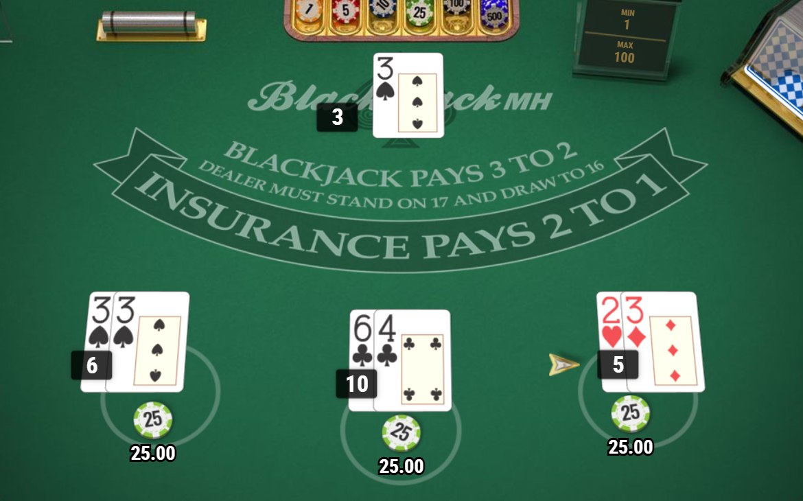 Blackjack MH European table with three player hands and one dealer card, no hole card dealt