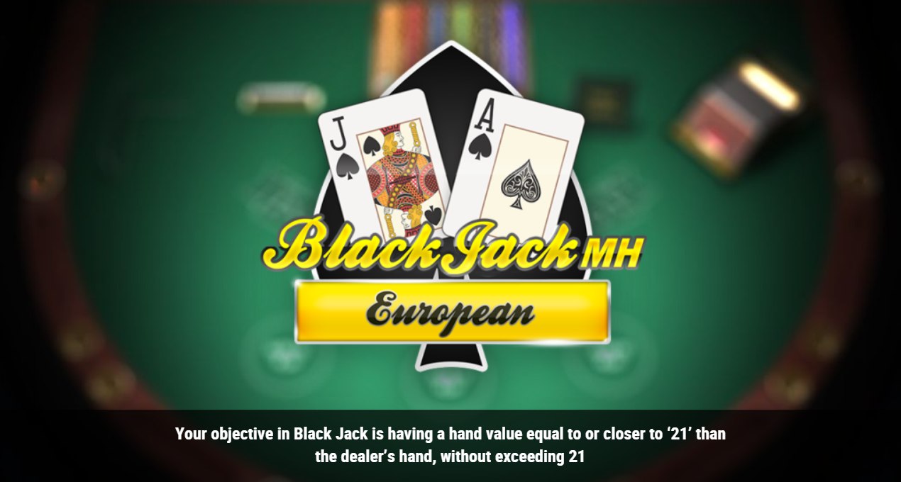 Blackjack MH European title screen with a Jack and Ace of spades, one of the European blackjack Canada players can try