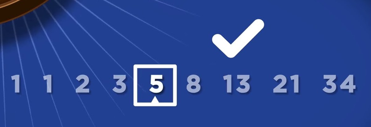 Fibonacci stake ladder with the 5-unit step highlighted and a check mark for a win