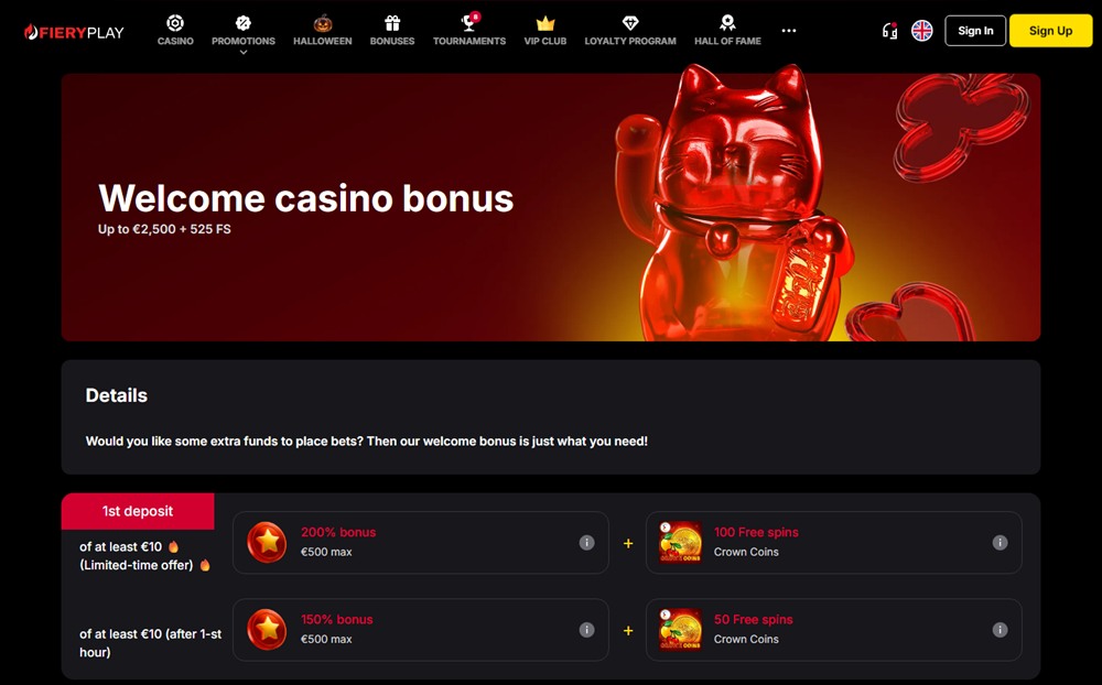 FieryPlay Casino welcome bonus page with the first deposit tiers