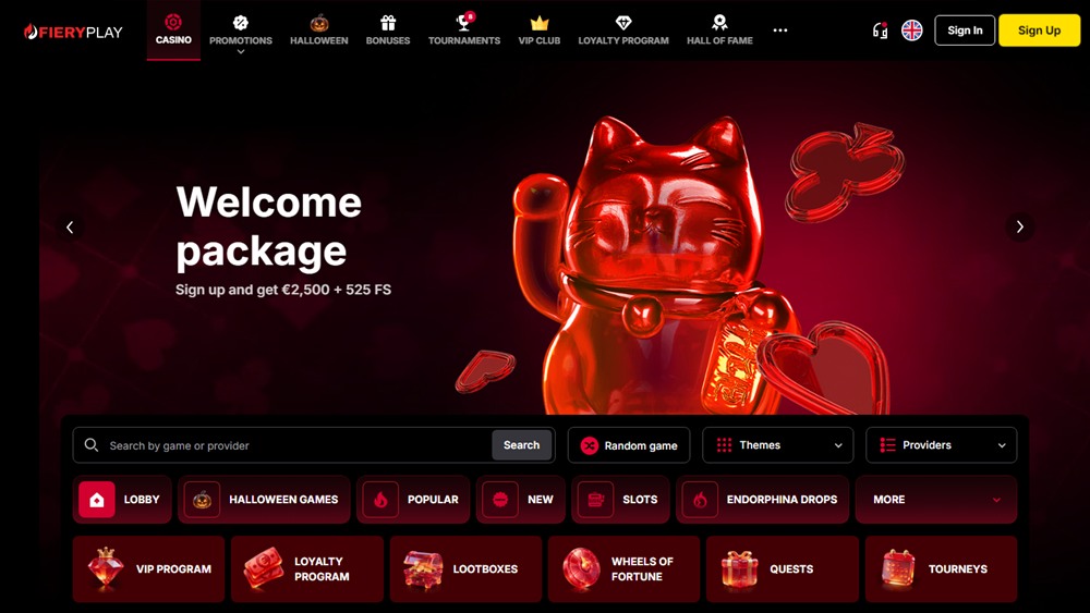 FieryPlay Casino home page with the welcome package banner and lobby tiles