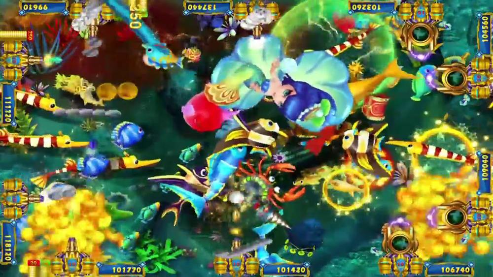 Online fish shooting game screen with cannons for multiple players around the edges