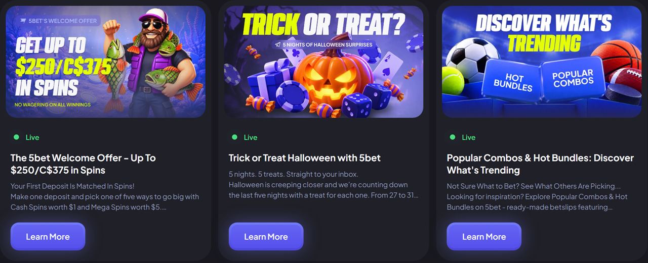 free chip no deposit Canada: Three promotion cards on a dark casino promotions page, each with a banner and a Learn More button