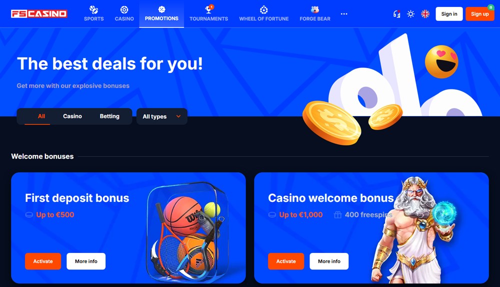 FS Casino promotions page with the first deposit and casino welcome bonuses
