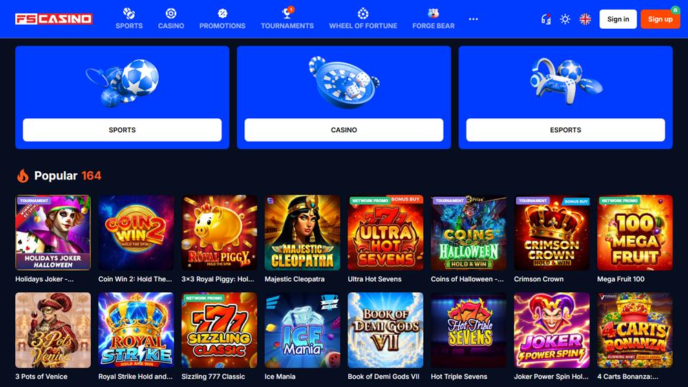 FS Casino home page with the sports, casino and esports tiles and popular games