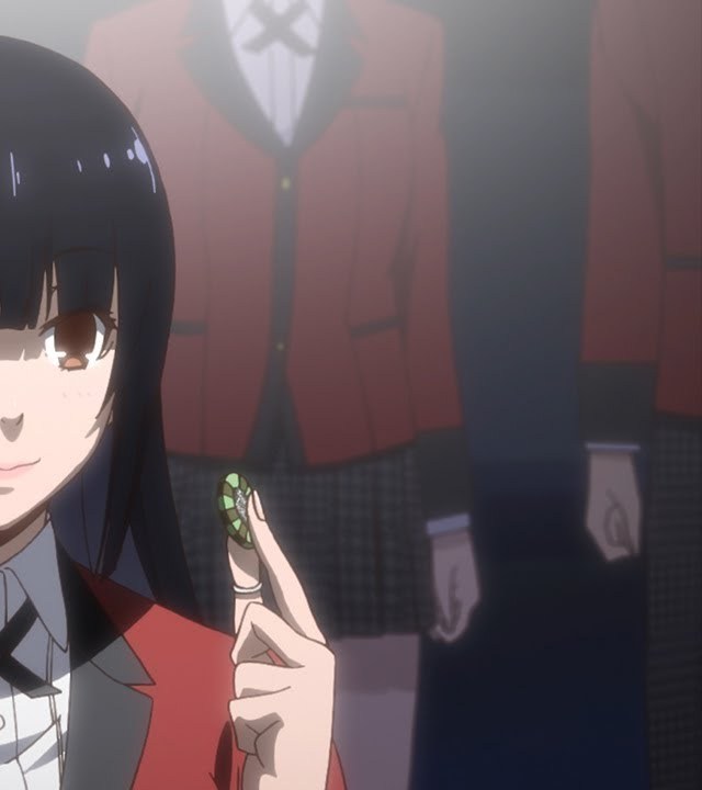 Yumeko Jabami holding a casino chip in the Kakegurui trailer, the face of the gambling anime Canada fans stream