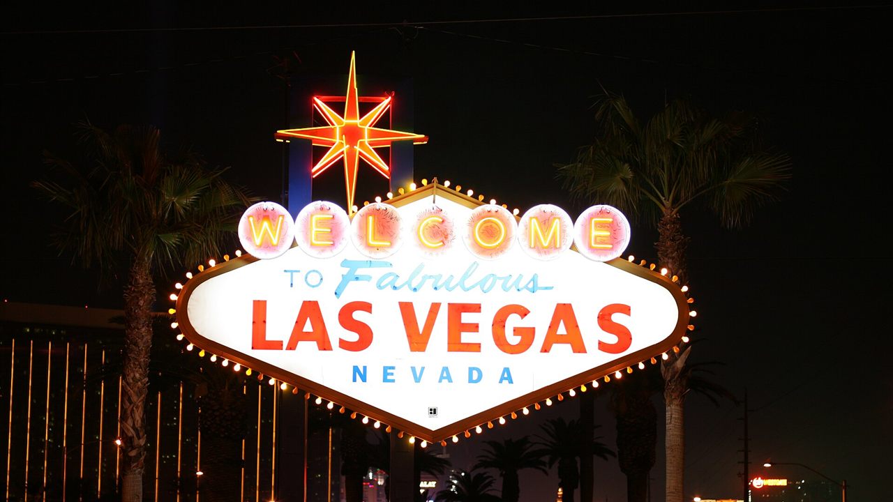 The Welcome to Fabulous Las Vegas sign at night, the city behind Casino, Bugsy and other gambling movies on Netflix Canada