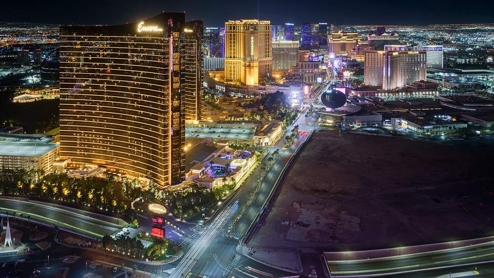 Encore and the Las Vegas Strip at night, home of resorts run by gambling stocks Canada investors buy