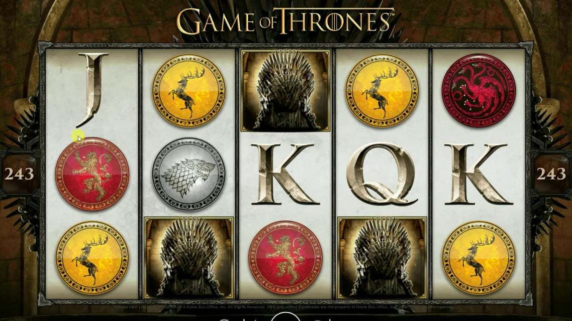 Reels of the Microgaming Game of Thrones 243 Ways slot with house sigils and Iron Throne scatters, the classic Game of Thrones slot Canada players know