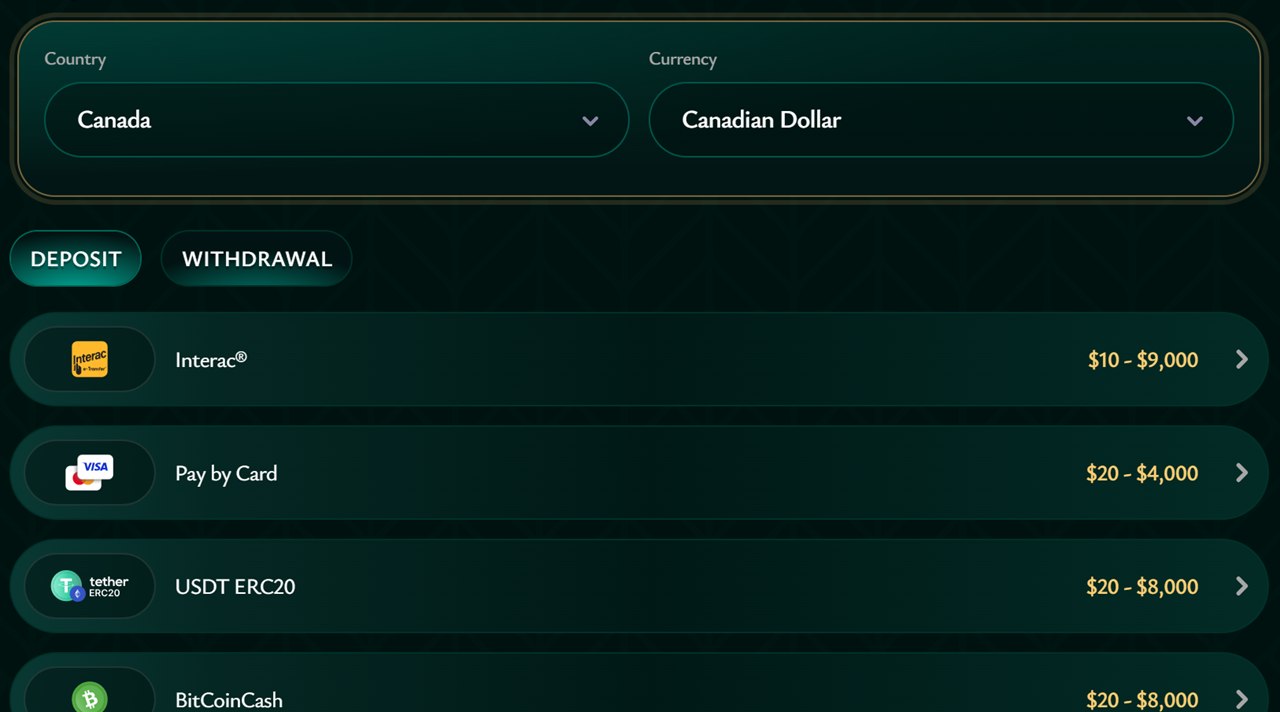 Gift card casino Canada deposit page: Cashed payment list showing Interac, Pay by Card and crypto options