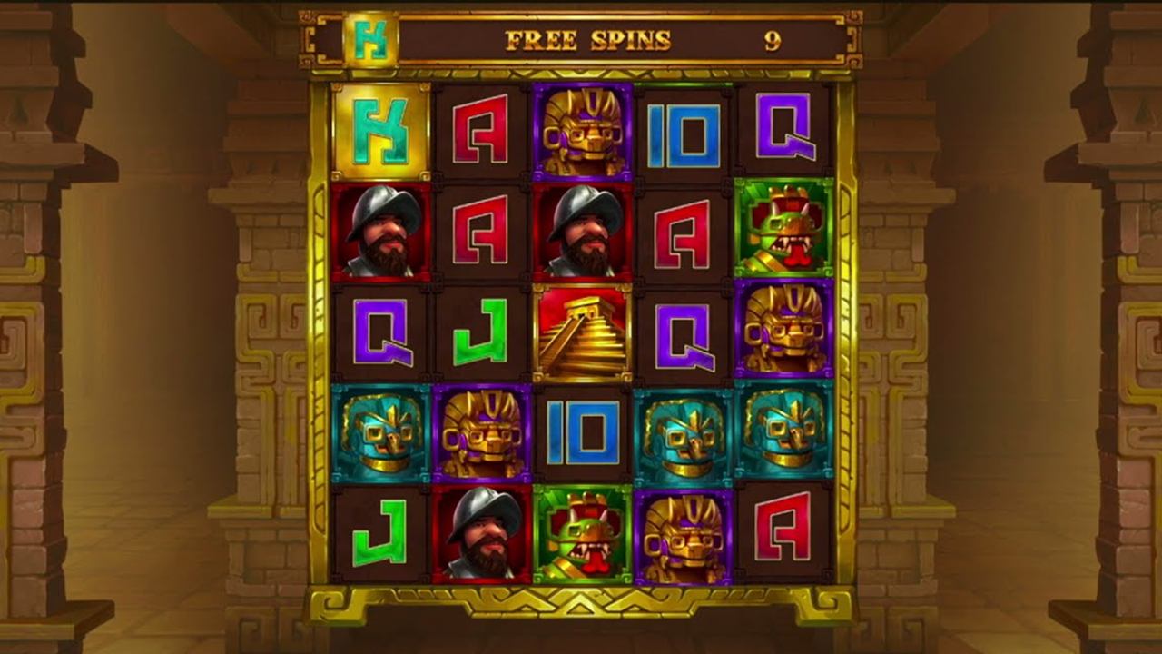The 5x5 free spins grid of the Gonzo's Gold slot Canada casinos offer, with masks, Gonzo symbols and a golden pyramid scatter