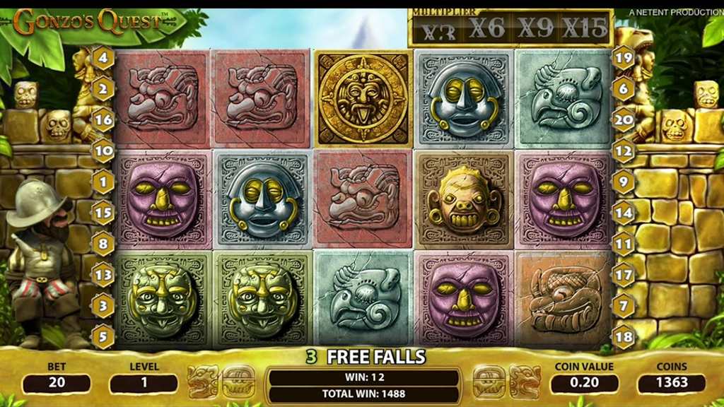 Free Falls in the Gonzo's Quest slot Canada casinos offer, with the 3x to 15x multiplier meter above the reels