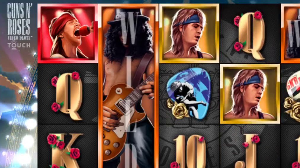 Slash as a stacked wild reel beside Axl Rose symbols, the band members on the Guns N' Roses slot Canada players spin