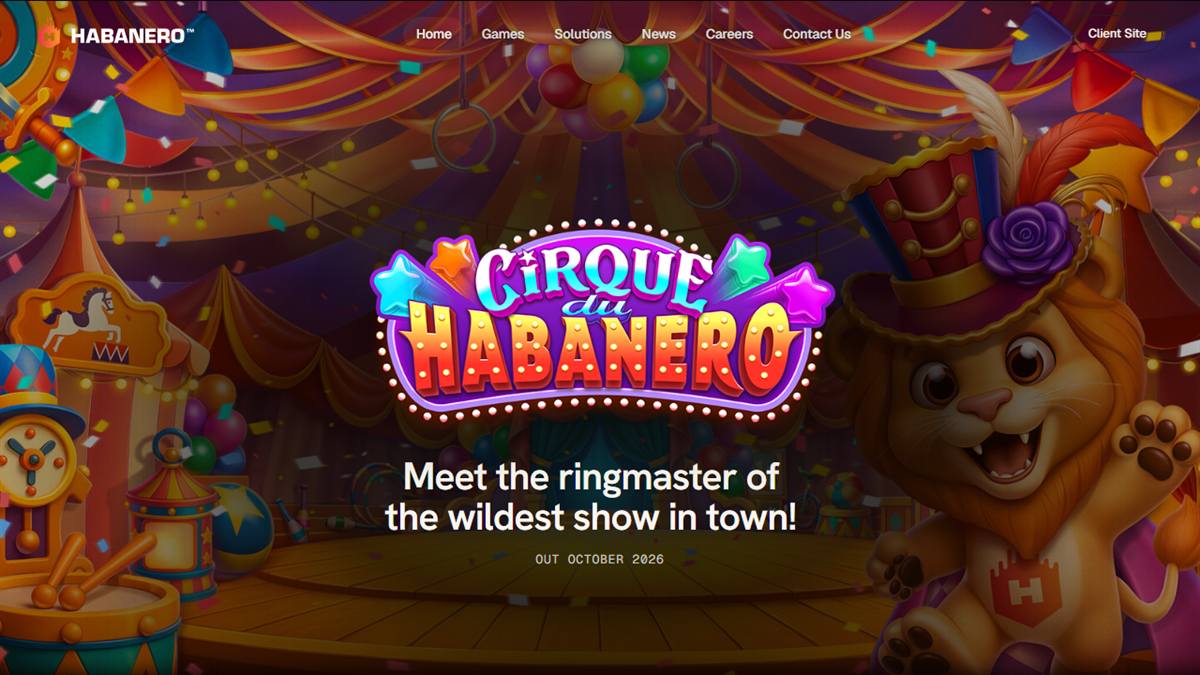 Habanero website banner for Cirque du Habanero with a lion ringmaster, one of the Habanero slots Canada players can find