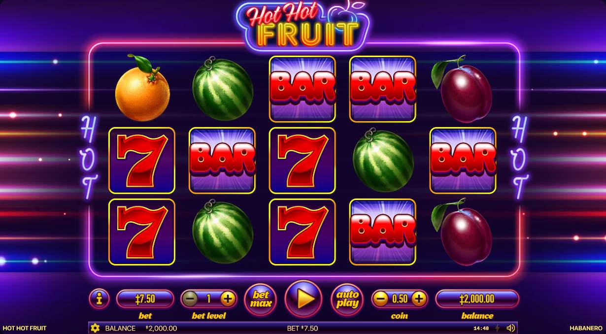 Hot Hot Fruit by Habanero on a 5x3 grid with sevens, BARs, watermelons, oranges and plums