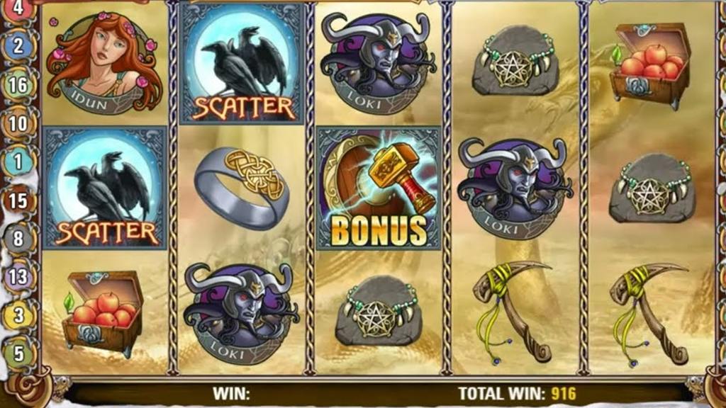 Raven scatters, a hammer bonus symbol and Norse gods on the reels of the Hall of Gods slot Canada casinos offer