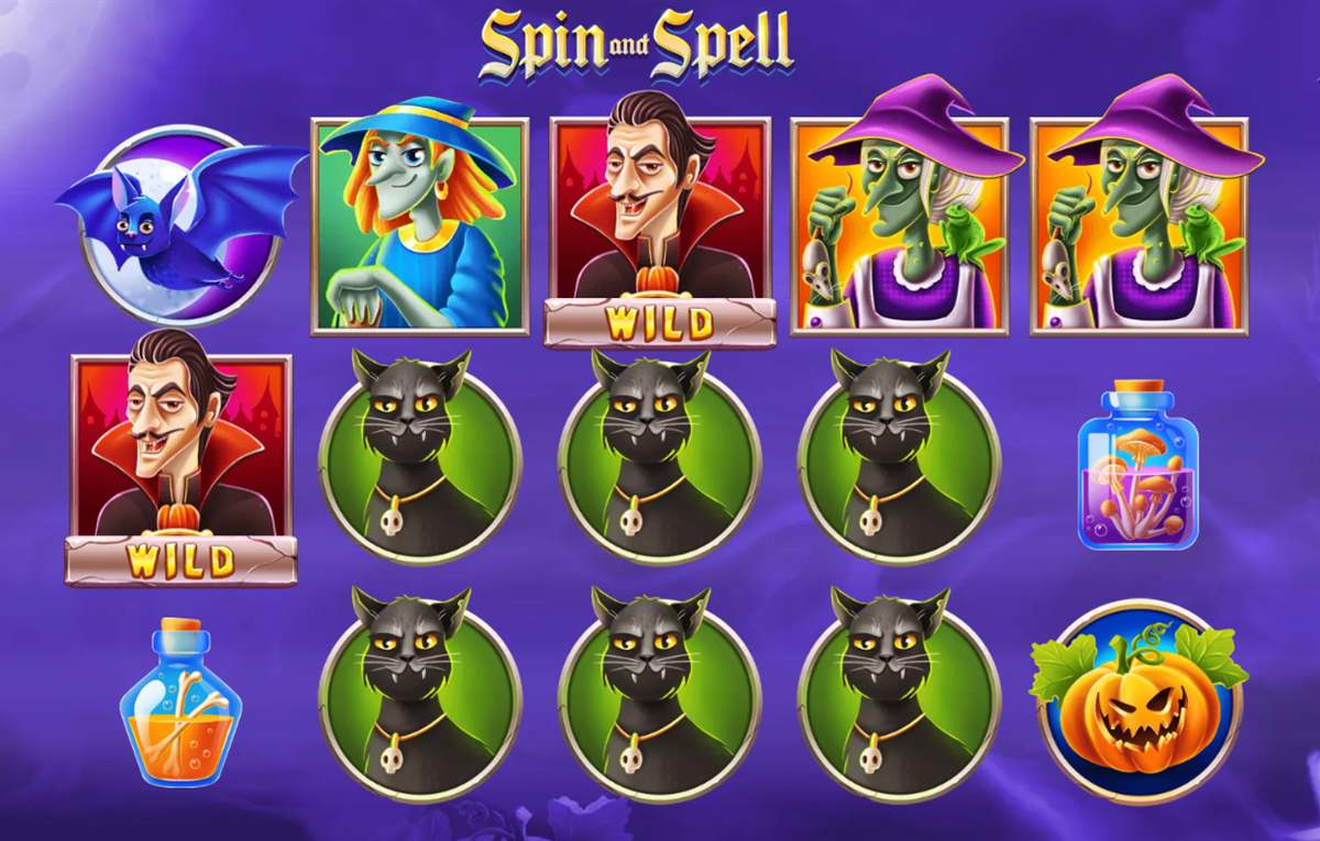 Spin and Spell by BGaming with witches, a vampire wild, black cats and a pumpkin on the reels